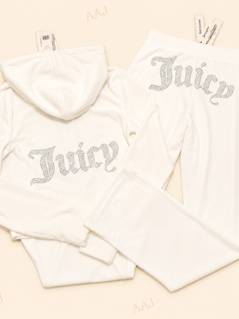 Juicy Couture Cream Soda Luxe Velour Pearl/Rhinestone Logo Hoodie & Pants Set